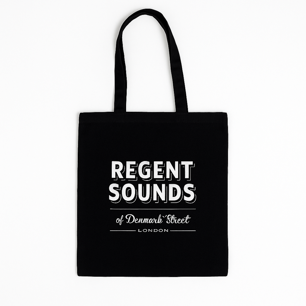 Black tote bag with 'Regent Sounds of Denmark Street London' text on a white background