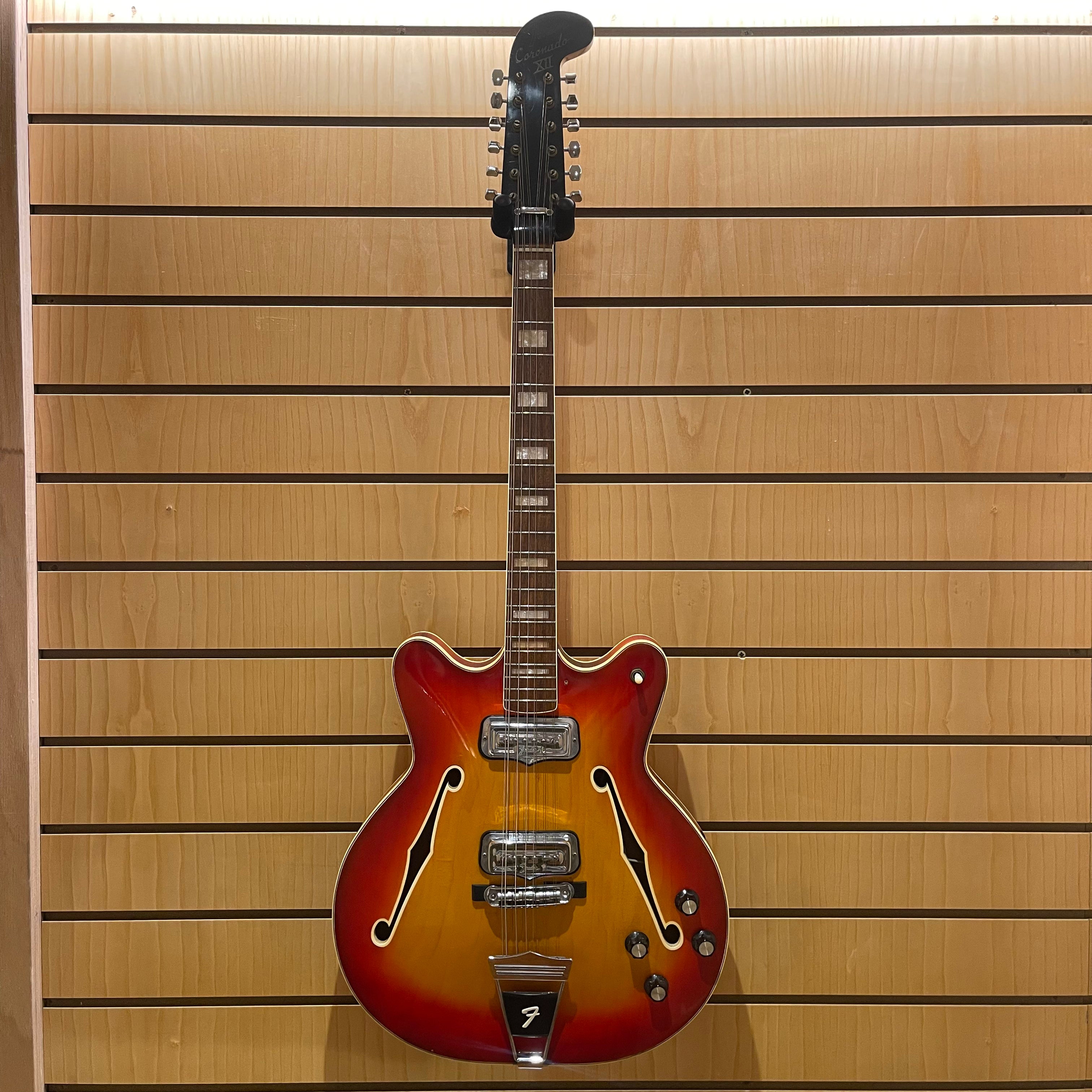 Electric guitar against a wooden panel background