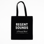 Black tote bag with 'Regent Sounds of Denmark Street London' text on a white background