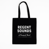 Black tote bag with 'Regent Sounds of Denmark Street London' text on a white background