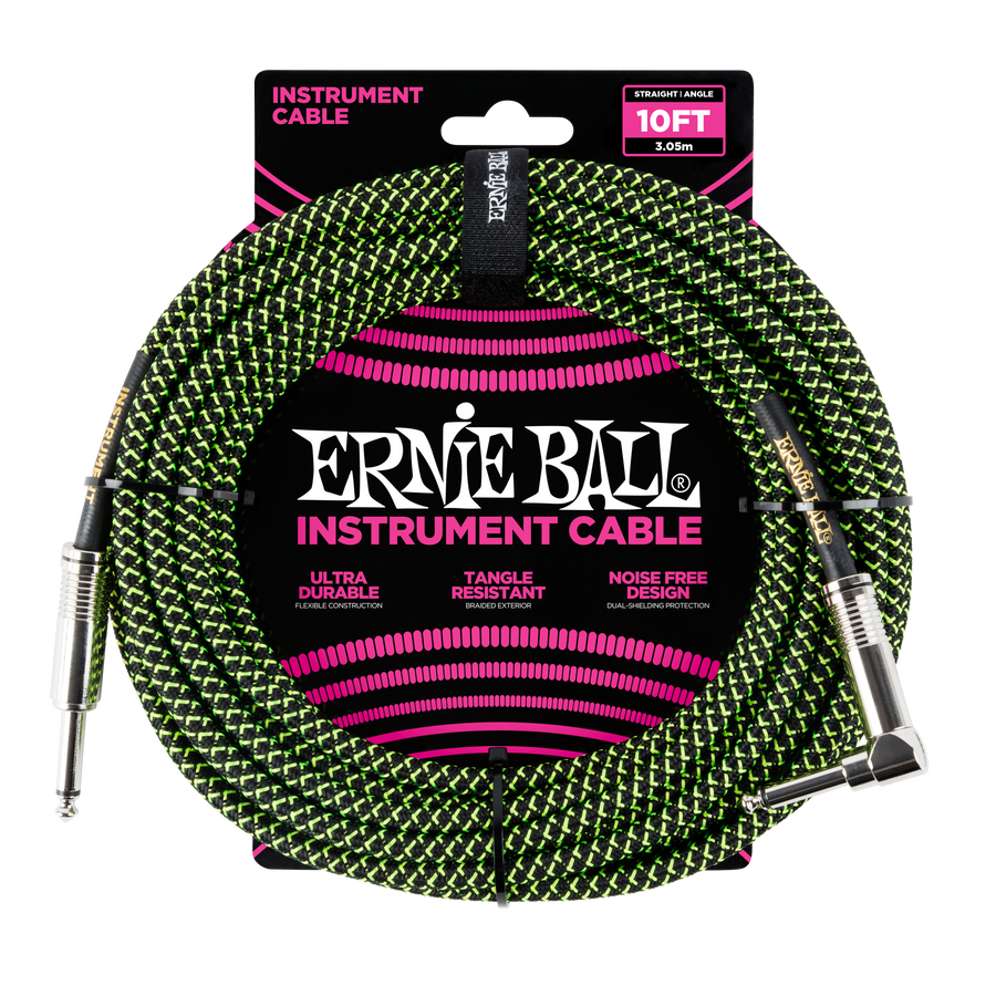 Ernie Ball 10ft Straight/Angle Braided Black/Green - Regent Sounds
